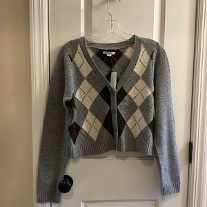 American Eagle Outfitters Gray Argyle Cardigan with Brown and Cream Diamonds